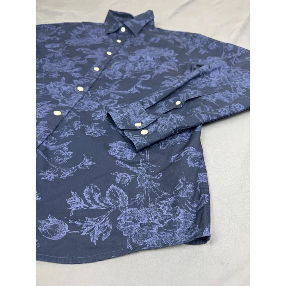 Banana Republic Mens Large Luxe Poplin Untucked Slim Fit Floral Shirt Navy Blue